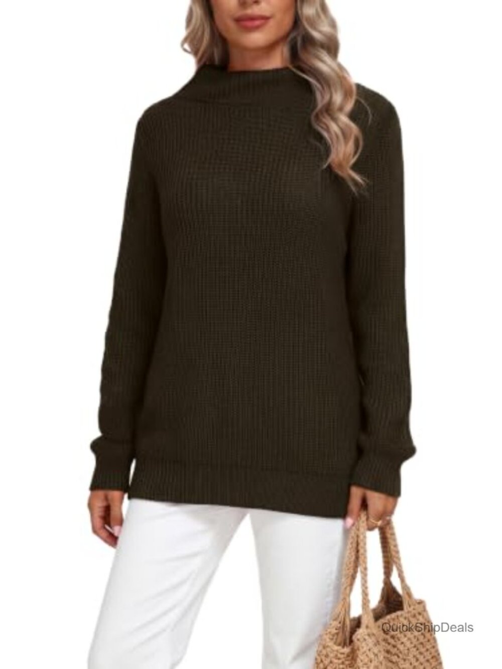 Womens Chunky Knit Turtleneck Pullover Sweater 100% Acrylic Loose Fit